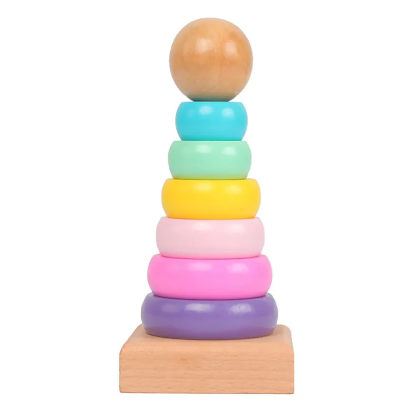 Деревянные Радужные Разноцветные кольца для укладки Башня Строительные блоки Игрушки Монтессори Обучающие Сложенные высокие деревянные игрушки для малышей Подарок для малышей - 1