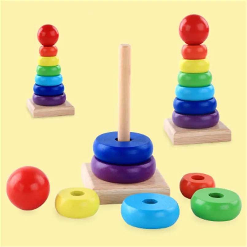 Деревянные Радужные Разноцветные кольца для укладки Башня Строительные блоки Игрушки Монтессори Обучающие Сложенные высокие деревянные игрушки для малышей Подарок для малышей - 2