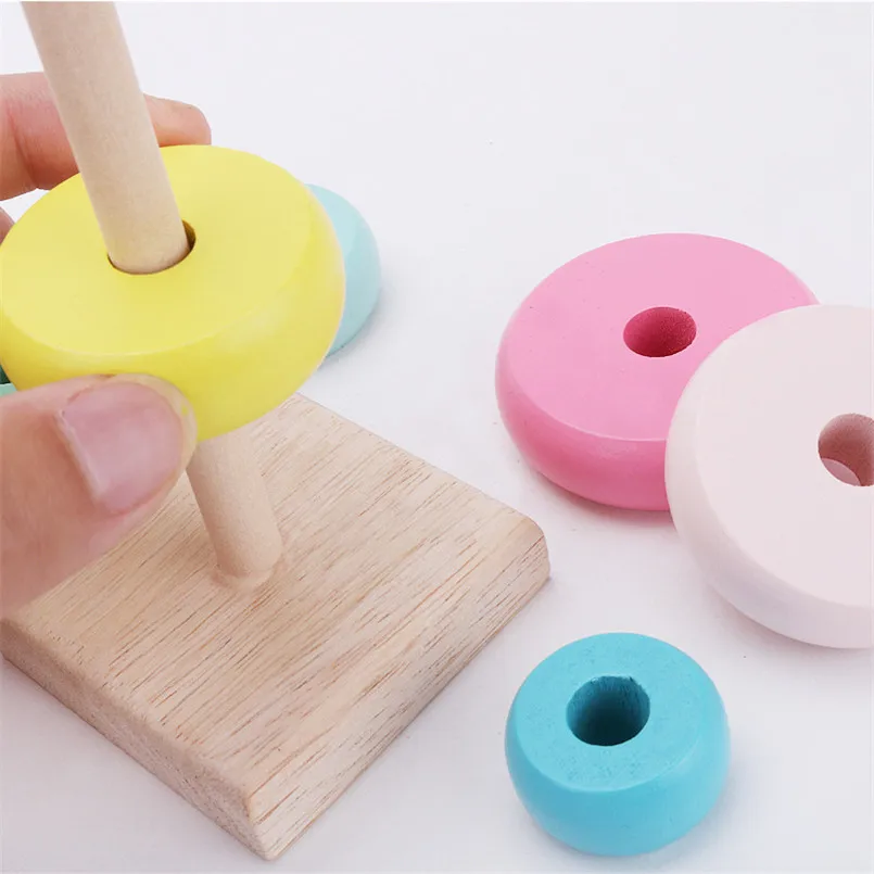 Деревянные Радужные Разноцветные кольца для укладки Башня Строительные блоки Игрушки Монтессори Обучающие Сложенные высокие деревянные игрушки для малышей Подарок для малышей - 3