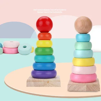 Деревянные Радужные Разноцветные кольца для укладки Башня Строительные блоки Игрушки Монтессори Обучающие Сложенные высокие деревянные игрушки для малышей Подарок для малышей