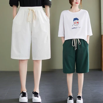 Летние Модные женские шорты-карго с эластичной резинкой на талии и завязками, женские простые повседневные Свободные однотонные прямые брюки средней длины