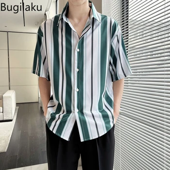 Мужская рубашка в полоску Bugilaku с короткими рукавами свободного кроя с принтом в гонконгском стиле, универсальные летние рукава на четверть длины.
