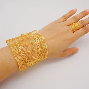 Новый набор браслетов и колец с 24-каратным золотым покрытием Dubai Carving Craft для женских украшений DD10245